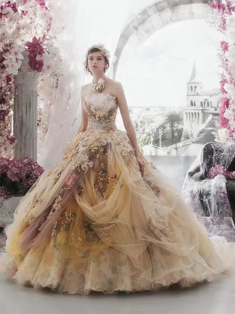 

Elegant Floral Print Empire Wedding dress Lace ruffle with 3D Flowers Appliques Chapel Train Formal Evening Prom Gown