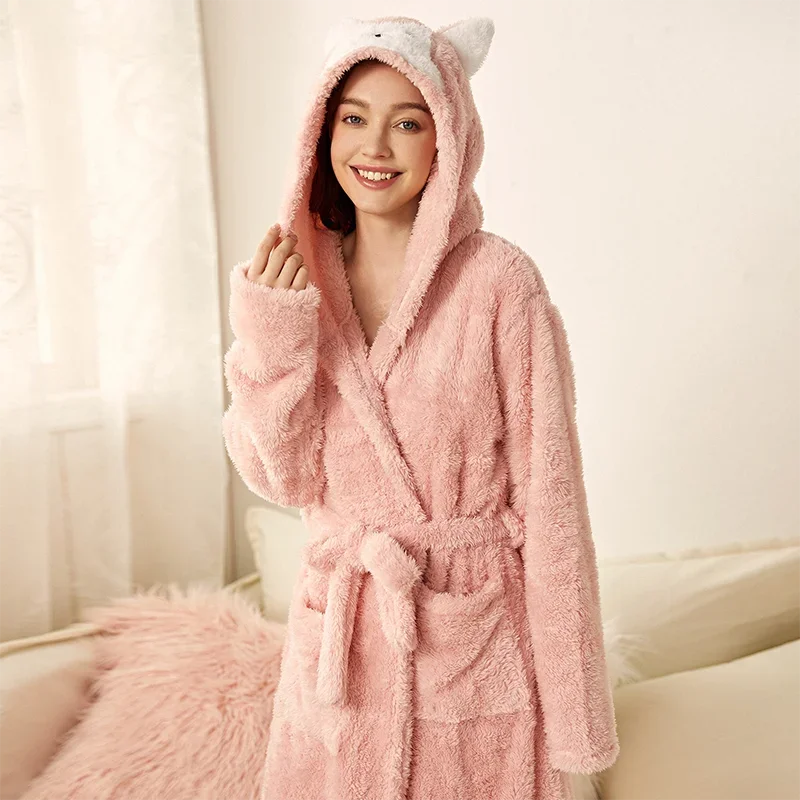 Winter Pajamas For Women Cartoon Hooded Long Robe Jacket Cute Home Wear Sleepwear Kawaii Flannel Warm Comfy Lounge Bathrobe
