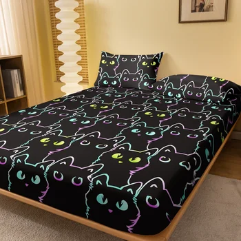 1 cartoon animal little cat printed matte Fitted Sheet, bedroom printed bed cover, bedding (excluding pillowcases)