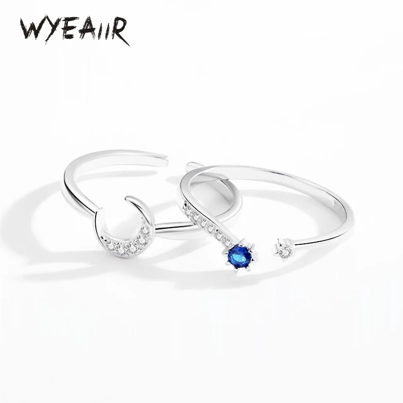 

WYEAIIR 925 Sterling Silver Crystal Moon Stars Sweet Romance Couple Gift Resizable Opening Ring For Women Luxury Jewelry