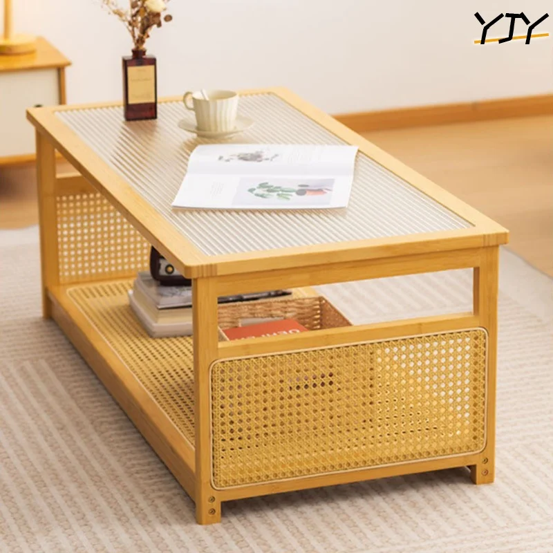 Bamboo Coffee Table Living Room Home Centre Table for Small Apartment Simple Modern Rectangular Glass