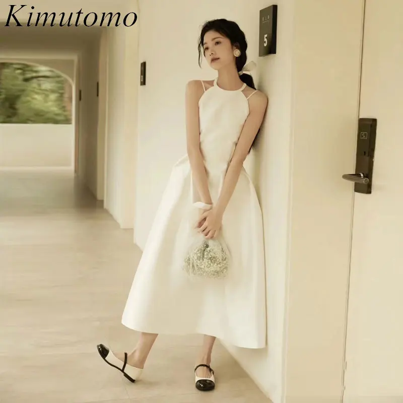 

Kimutomo простой дизайн с бантом на спине атласное платье без рукавов с высокой талией обручальные платья во французском стиле платья для женщин пригласительные