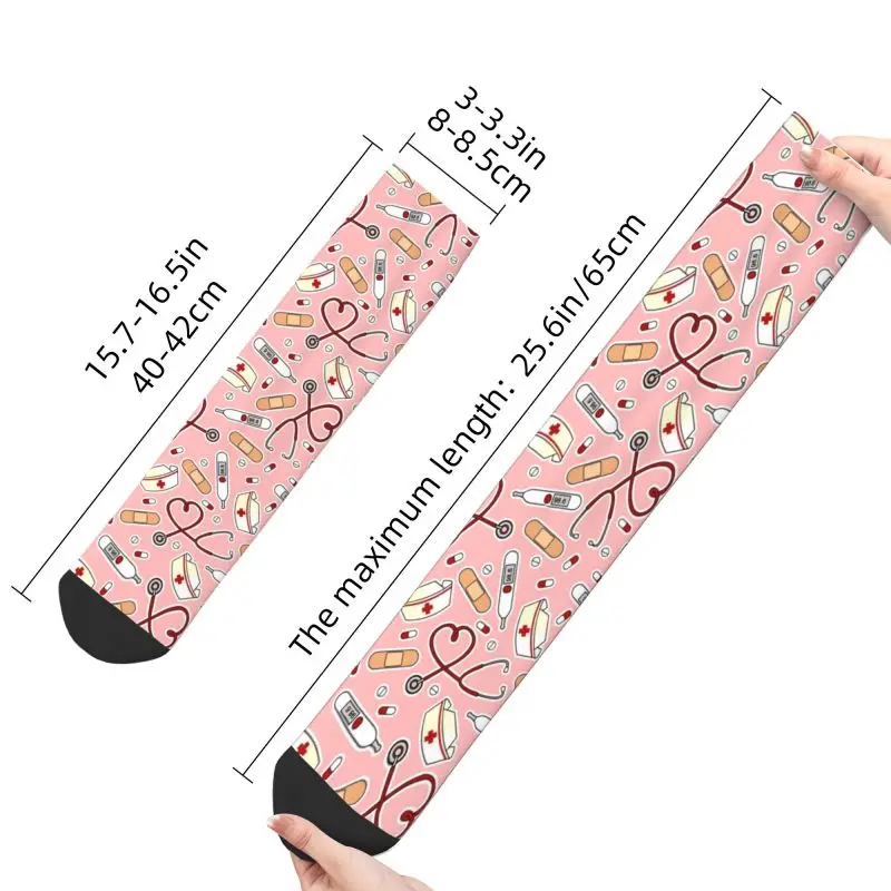 Fashion Printed Pink Cartoon Nurse Socks for Men Women Stretch Summer Autumn Winter Medical Nursing Crew Socks
