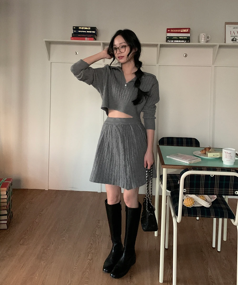 Korean Fashion Two-piece Set Women Pullover Turn-down Collar Crop Top Mini Skirt Solid Casual Suit Autumn New Knitwear Outfits