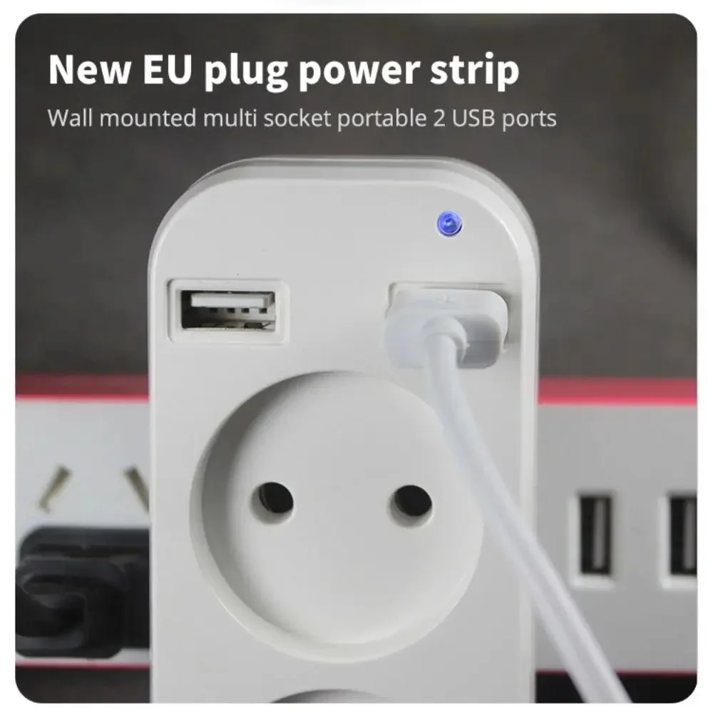 EU Plug Power Strip Adapter Wall Double AC Socket 2 USB Port for Mobile Phones Smartphones Tablets 1200W 250V