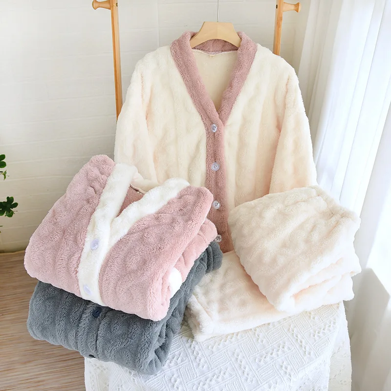 

Couple Winter Flannel Pajamas Women Two Piece Set Thick Warm Sleppwear Female Pink Home Clothes Men Plus Size Velvet Nightwear