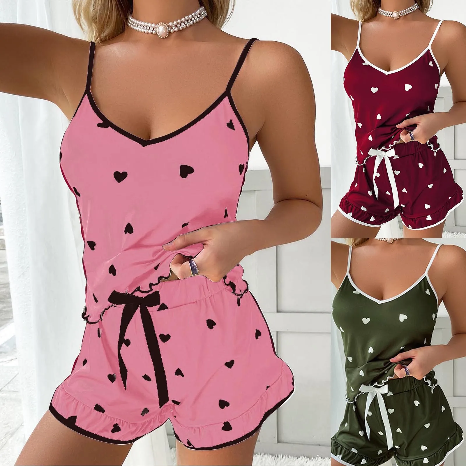 

Luxury Women'S Ice Silk Love Printed Suspender Sleepwear Women Tops Shorts Soft 2piece Pajamas Sets Nightwear Ladies Pijama Suit