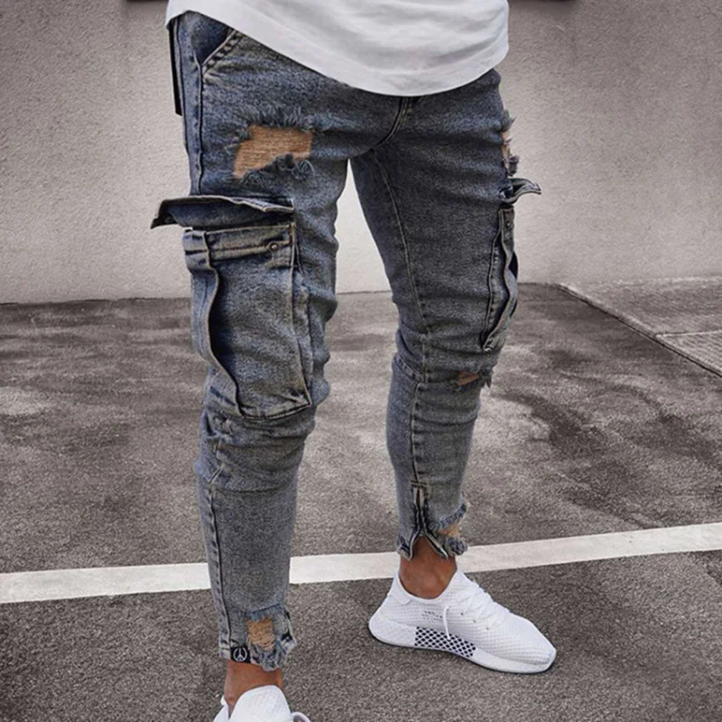 유럽과 미국의 국경 간 무역 남성 청바지 아마존 스트레치 무릎 찢어진 지퍼 슬림핏 긴 바지