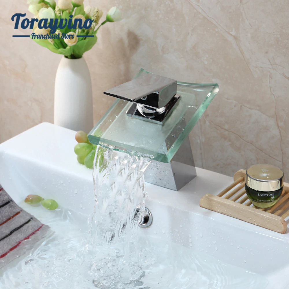 

Torayvino Luxury LED Light Waterfall Spout Polished Chrome Bathroom Faucet Single Handle Deck Mounted Washbasin Mixer Water Tap