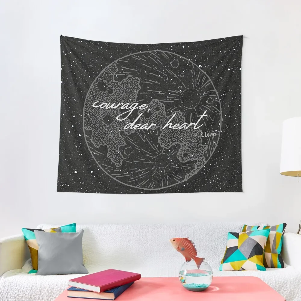 

courage, dear heart- C.S. Lewis quote in starry night with moon illustration Tapestry Room Aesthetic Decor Tapestry