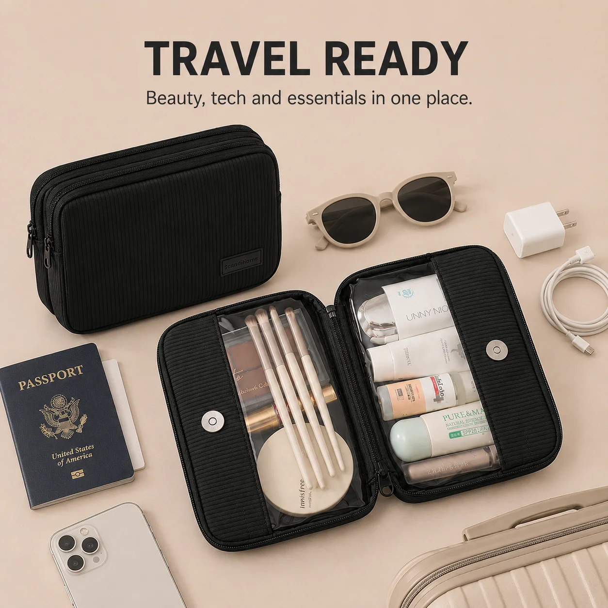 Borsa da Viaggio per Trucchi in PVC Trasparente, Organizer Cosmetico con Scomparti Divisi, Astuccio Portatile per Bellezza in Poliestere Costolato - immagine 5