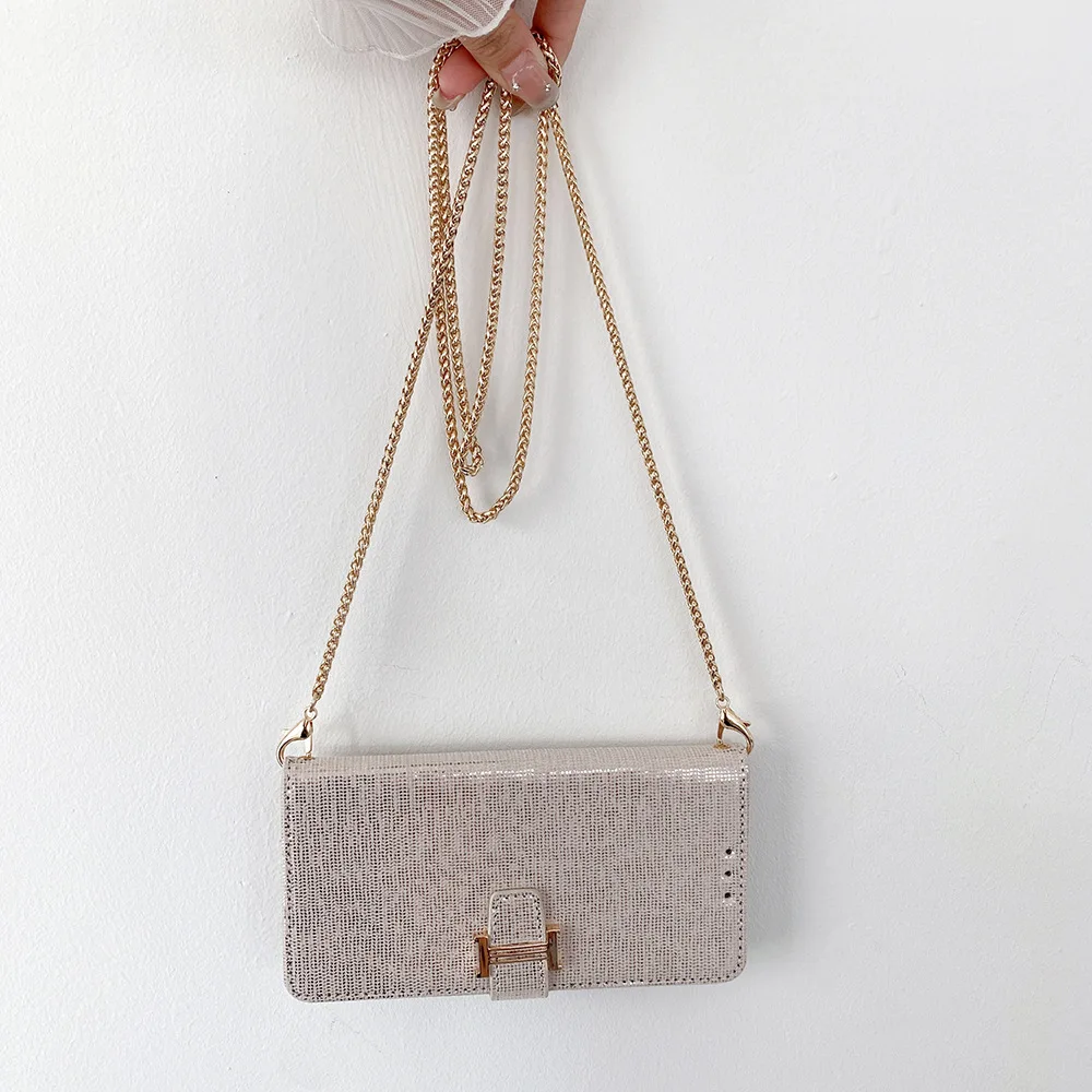 Luxurious Crossbody Leather Wallet Flip Case with Metal Shoulder Strap