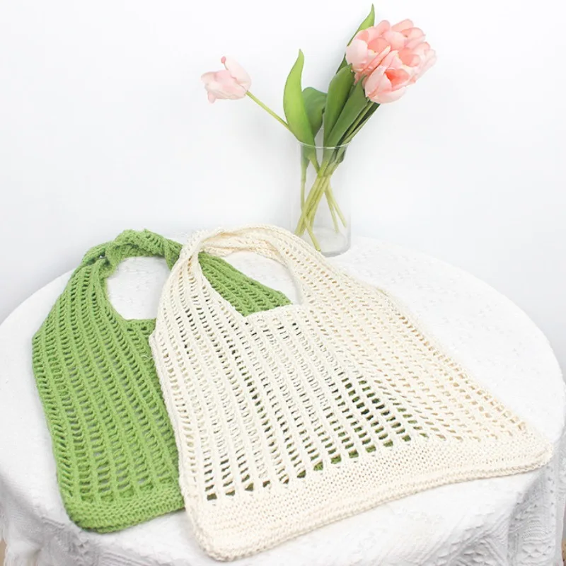 Knitted Shoulder Bag Large Capacity Retro Mesh Hollow Simple Style Woven Storage Bag Vacation Travel Beach Bag Trend All-match
