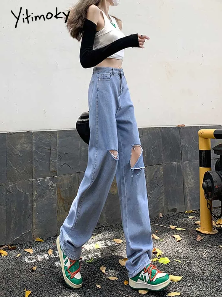 Yitimoky Casual Spring Women Long Jeans Trousers High Waist Pockets Loose  Female Wide Leg Denim Pants Ladies Floor-length Pants - Jeans - AliExpress