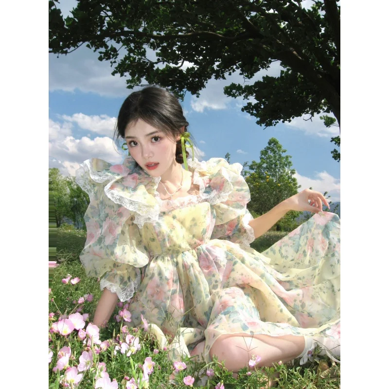 

French Design Sense Niche Sweet First Love Dress, Summer New Open Back Tie Dyed High