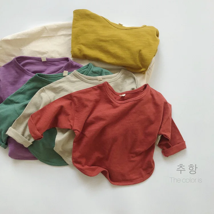 New Autumn Children Long Sleeve T Shirts Solid Baby Bottoming Tops Cotton Boys Girl O-neck T Shirts Casual Kids Clothes 2