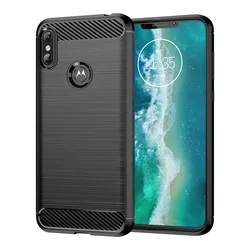 Shockproof Silicone Case with Brushed Carbon Fiber Design - Soft Back Phone Cover for Moto One Power (Black)