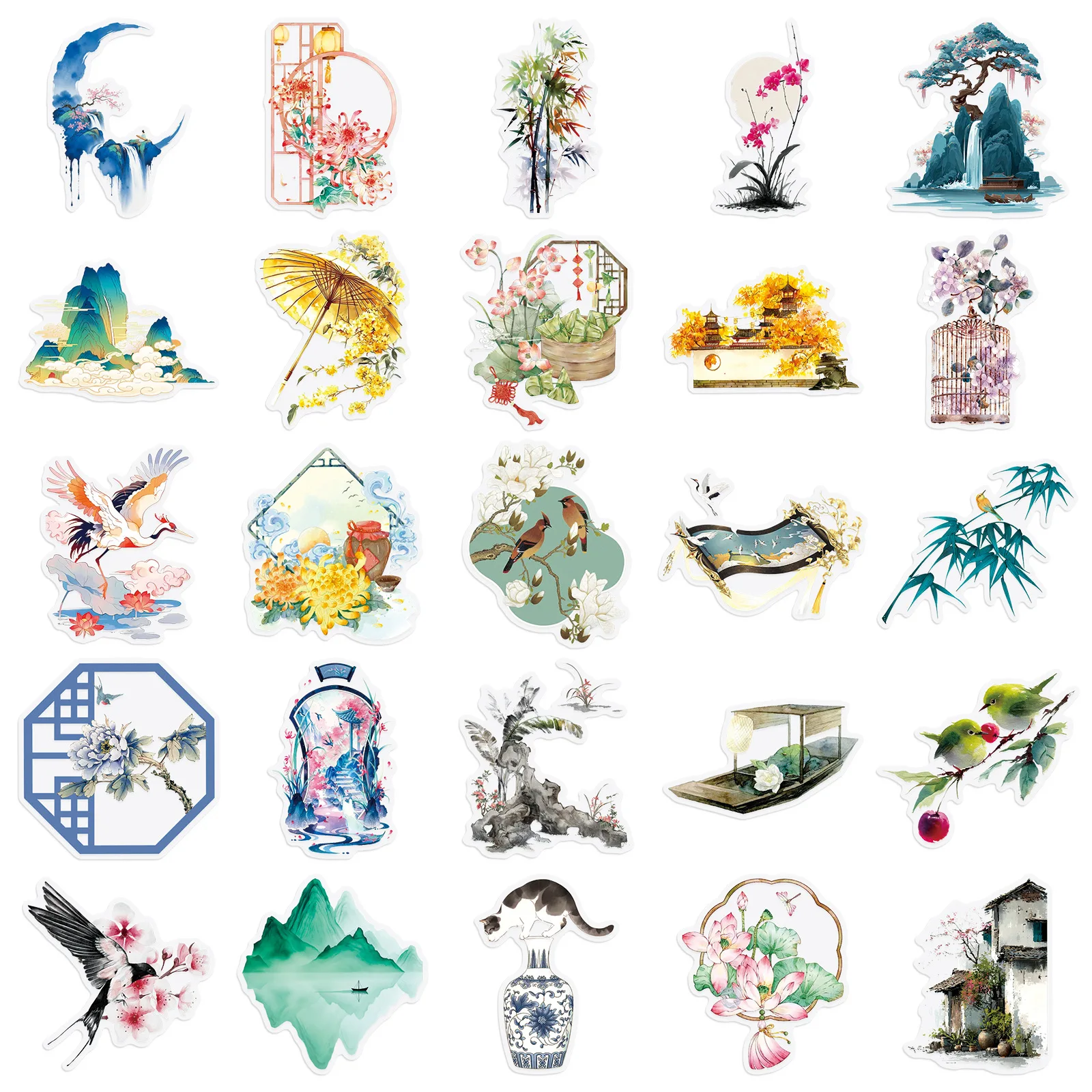 50/100PCS 중국 스타일 요소 스티커 레트로 잉크 낙서 투명 PET DIY 장식 방수 문구 노트북 스티커