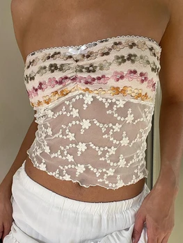 Women Crop Vest Tops Sleeveless Off Shoulder Floral See Through Casual Party Summer Spring Shirt 5