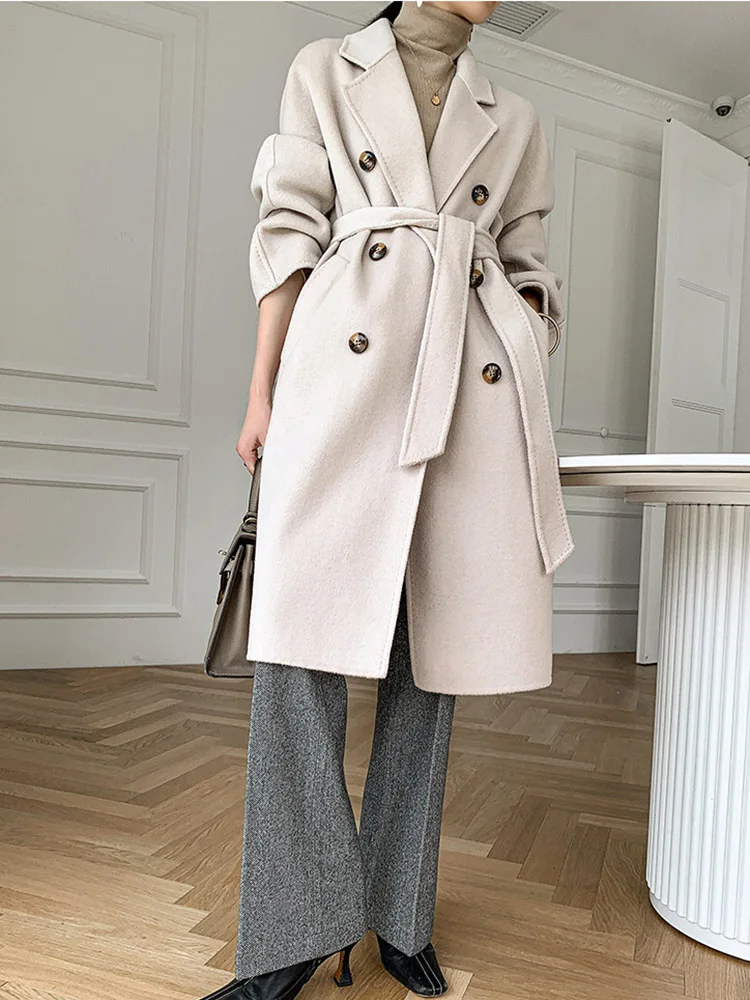 Hand-made Women Double-sided Wool Coat Loose Double Breasted Lapel Long Sleeve Fashion Big Size Belt  Jacket Tide Autumn Winter