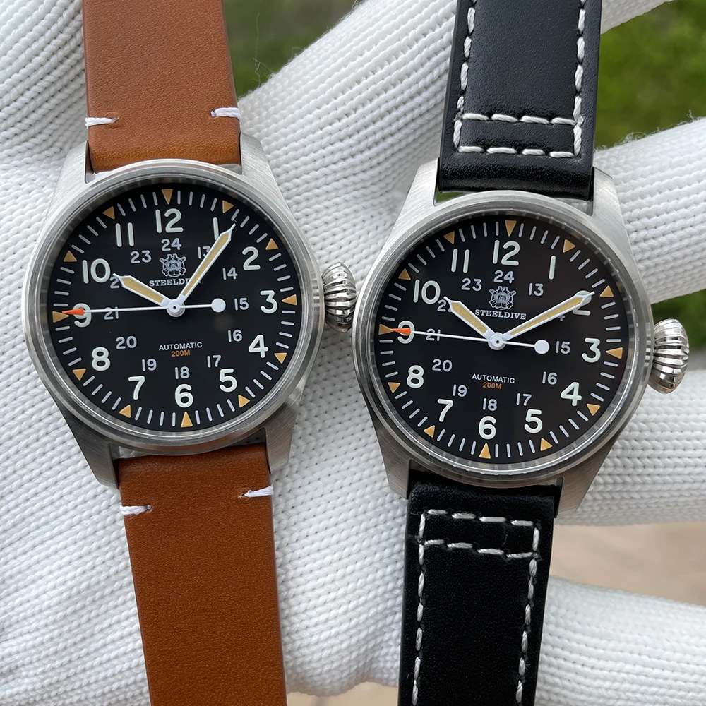 STEELDIVE 브랜드 SD1928H 블랙 다이얼, 39mm 스테인리스 스틸 케이스, NH35 자동 무브먼트, 10mm 크라운 파일럿 시계, 200m 방수
