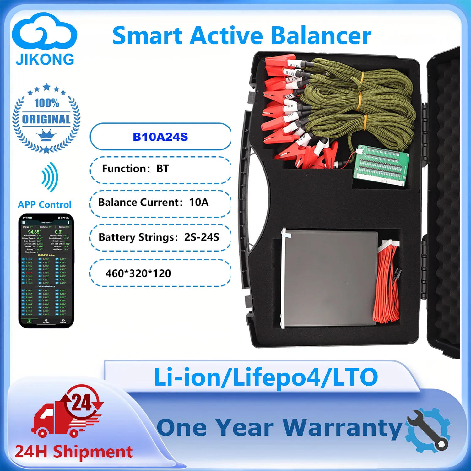 

JIKONG 10A High Current Smart Active Balancer for 2S~24S LiFePo4 Li-ion LTO Battery with BT APP RS485 CAN JK Equalizer B10A24S