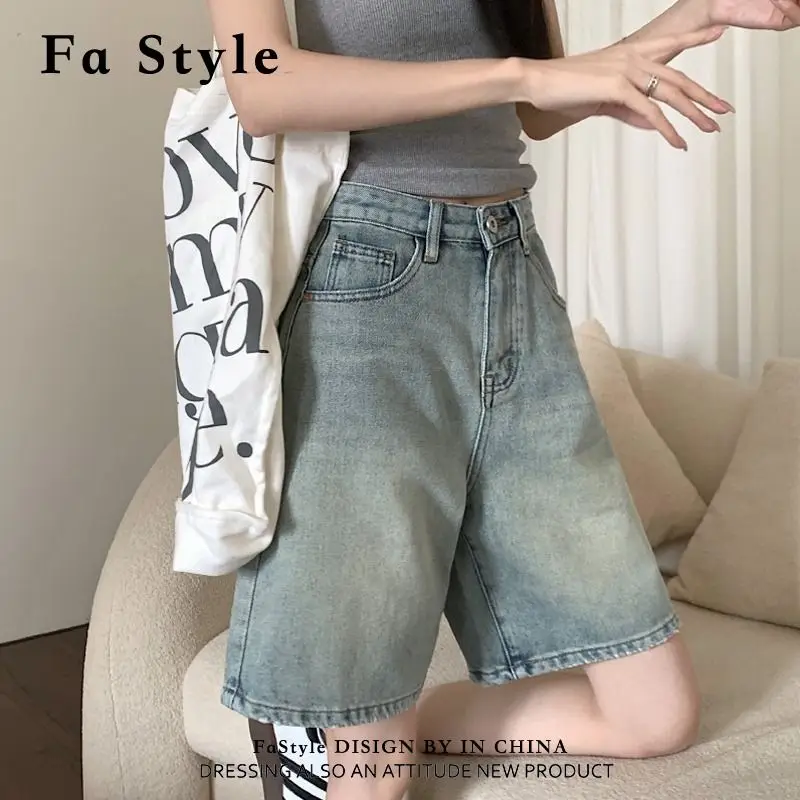 

Vintage Washing Women Summer Straight Cylinder Cowboy High Waisted Appear Thin Loose Distressed Thin Style Wide Legs Shorts