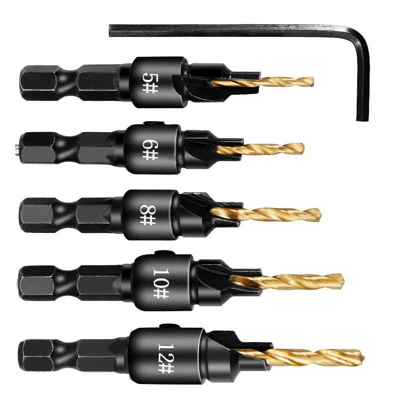 

5pcs Countersink Drill Woodworking Drill Bit Set Drilling Pilot Holes For Screw Sizes #5 #6 #8 #10 #12 With a wrench