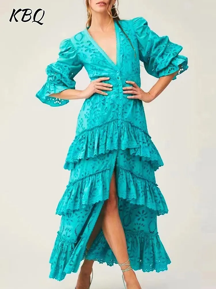 

KBQ-Embroidery Ruffles Dress for Women, V Neck, Lantern Sleeve, High Waist, Hollow Out Folds, Maxi Casual Dresses, Female, New