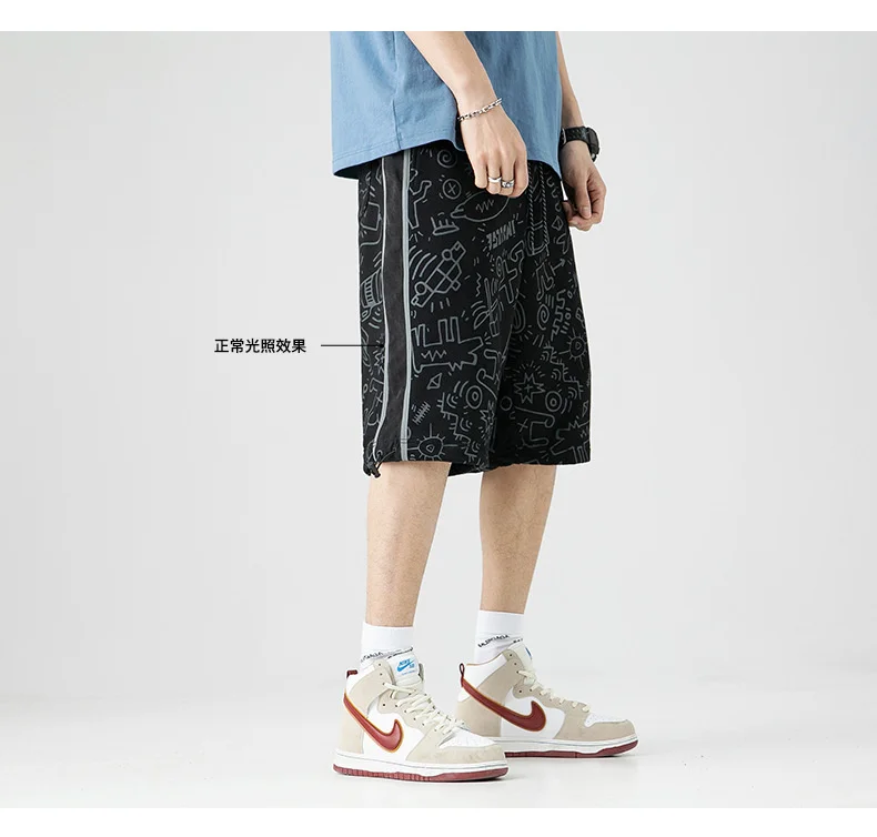 Reflective Strip Splicing High Street Pants Men's 2022 Summer New Fashion Brand Printed Shorts Men Shorts Male Knee Length black casual shorts