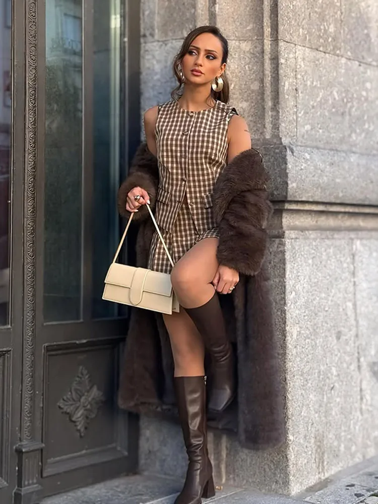 Women Elegant Plaid Print Pleated High Waist Mini Skirt Sets Retro Buttons  O-neck Sleeveless Top Suit Lady Street Outfits 2025 5