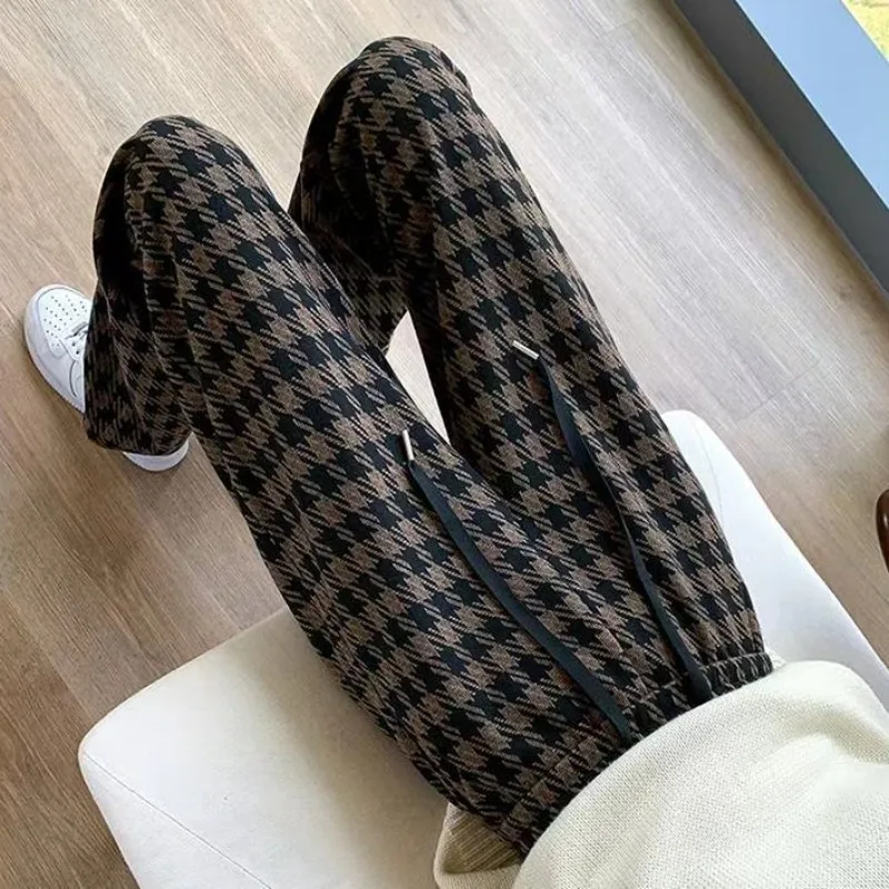 Deeptown Vintage Plaid Straight Pants Black Brown Sweatpants Women Loose Thicken Autumn Winter Korean Style Casual Wide Trousers