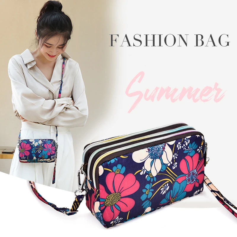 1PC Womens Printing 3 Layer Canvas Phone Bag Messenger Shoulder Bag Zipper Coin Card Key Purse for Women's Bank Card Holder Pack