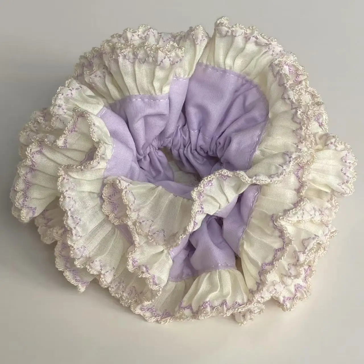 1PC Elegant Lace Ruffled Scrunchies, Lavender & Cream Vintage Hair Accessories for Women