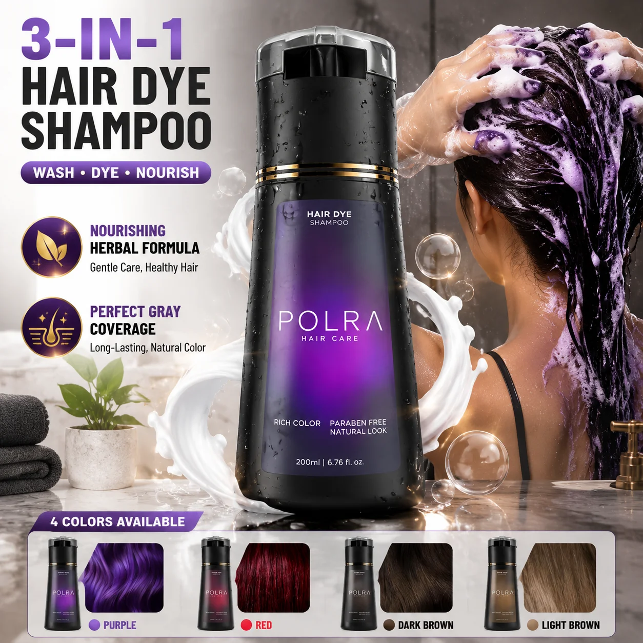 POLRA Shampoo Colorante 3 in 1 200ml, Tinta per Capelli Naturale a Base di Erbe Nutrienti, Copertura dei Capelli Grigi, Lunga Durata