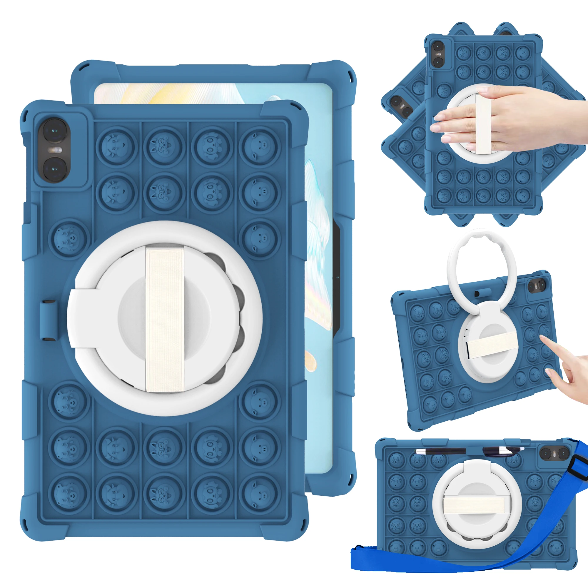 Kids Shockproof Silicone Cartoon Case with Decompression Bubbles, Shoulder Strap & Pen Holder