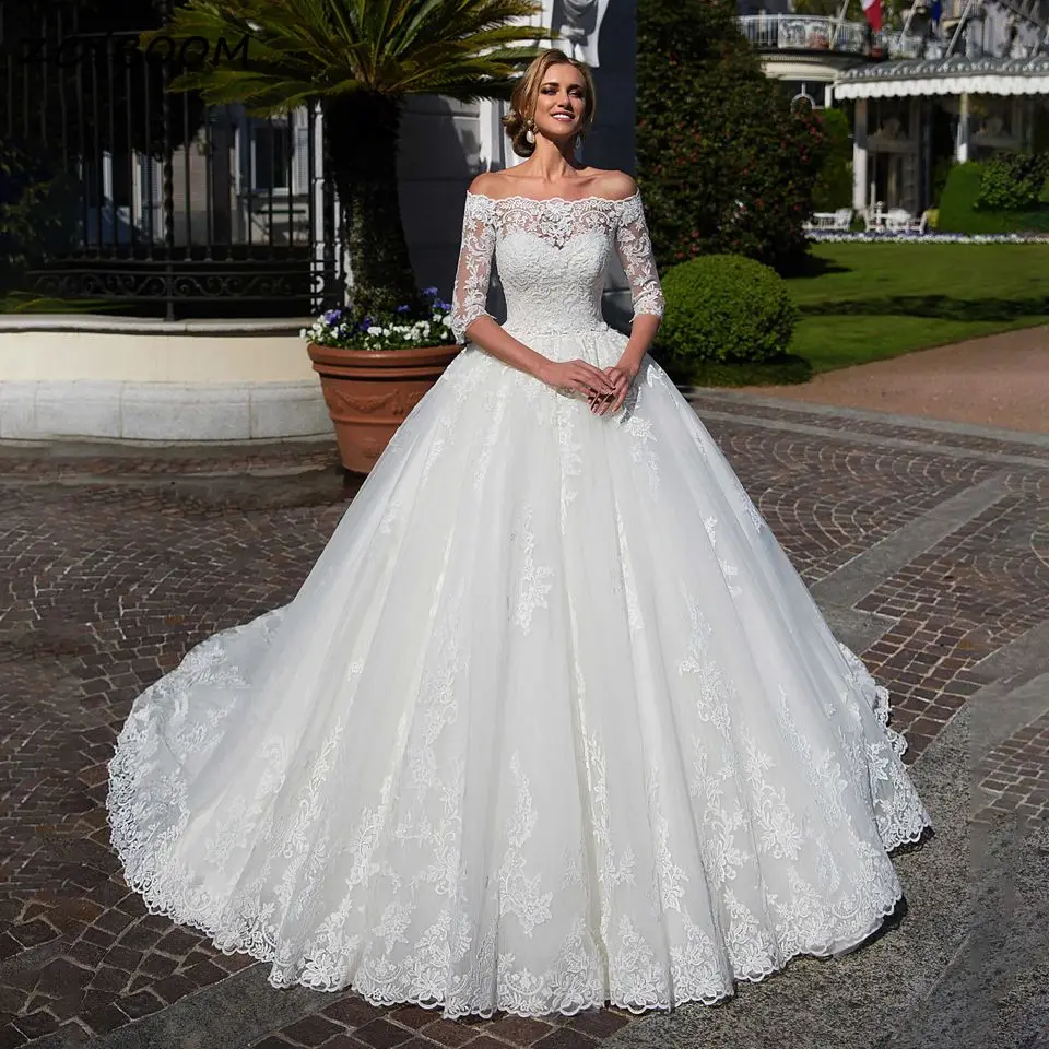 

Elegant Boat Neck 2 Pieces Ball Gown Wedding Dresses 2023 Half Sleeves Lace Appliques Beaded Women Bridal Gowns Vestido De Noiva