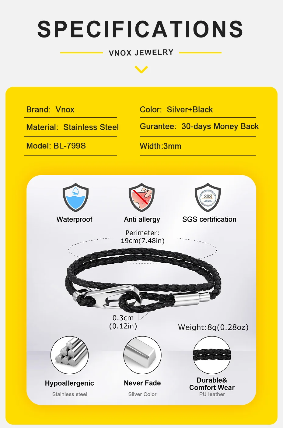Vnox doppellagige schwarze gewebte PU-Lederarmbänder für Herren, kräftiger Hakenschließe aus Edelstahl, DIY-Schmuck erhältlich – Detail 4