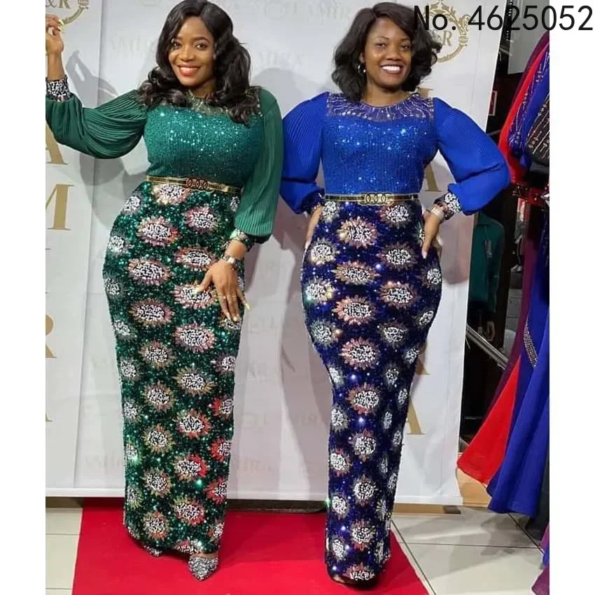 Customized Customized Fashion Africa Sequins Women Dress Sexy Lantern Sleeves Maxi Dress Vintage Elegants Bodycon Vestido Party
