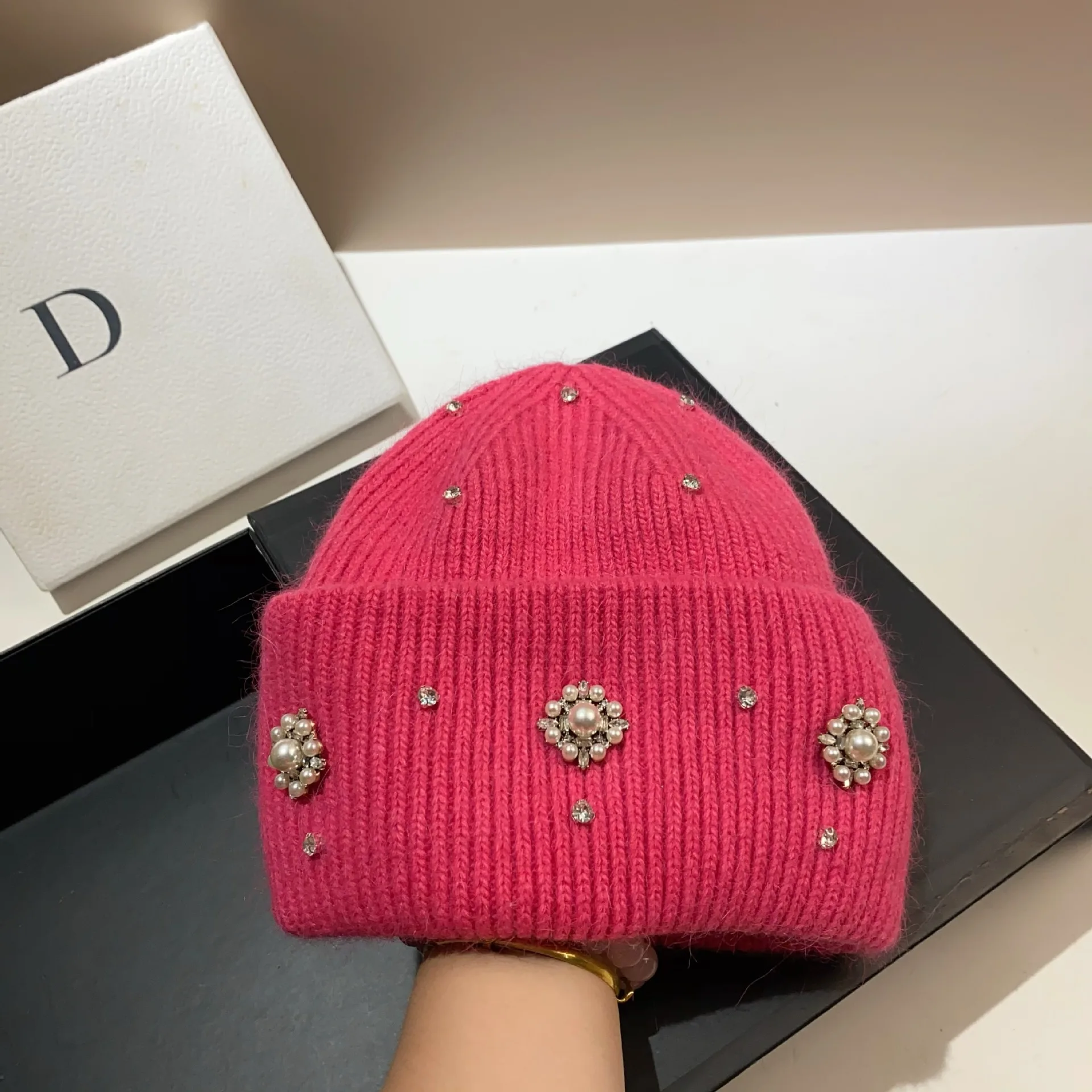 Luxus Strass Winter Hüte für Frauen Warme Beanie Echt Kaninchen Fell Gestrickte Hut Designer Marke Dame Casual Motorhaube Skifahren Kappe – Detail 7