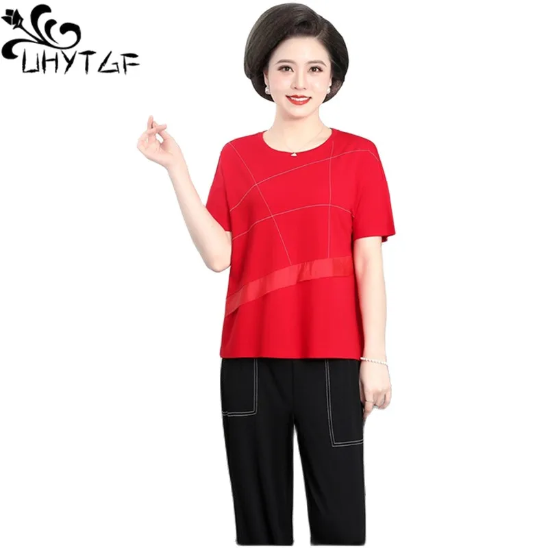 

UHYTGF Summer Two Piece Set Women Short-Sleeved T-Shirt Thin 4XL Tracksuit Loose Size Suit Womens Middle-Aged Elderly Mothers 32