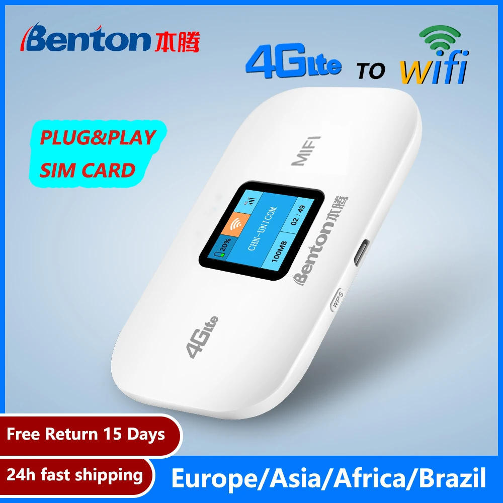 Benton Unlocked 4G Lte Portable Wifi Router Pocket Hotspots Mifi Sim Card Plug &amp Play VPN 150Mbps High Speed 3000mAh Battery |