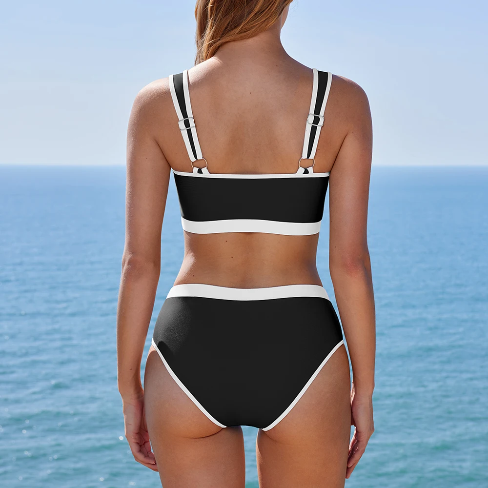 Women Summer Bikini 2 Piece Black & White Color Padded High Waisted Bikini Set Beach Bathing Suits Bikini Sets Femme - 5