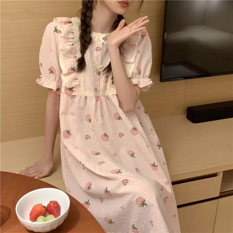 

Nightgown Women Summer Short Sleeve Peach Sleepdress Home Clothes Bow Tie Ins Style Ruffles Cotton Home Dress Lacework D353