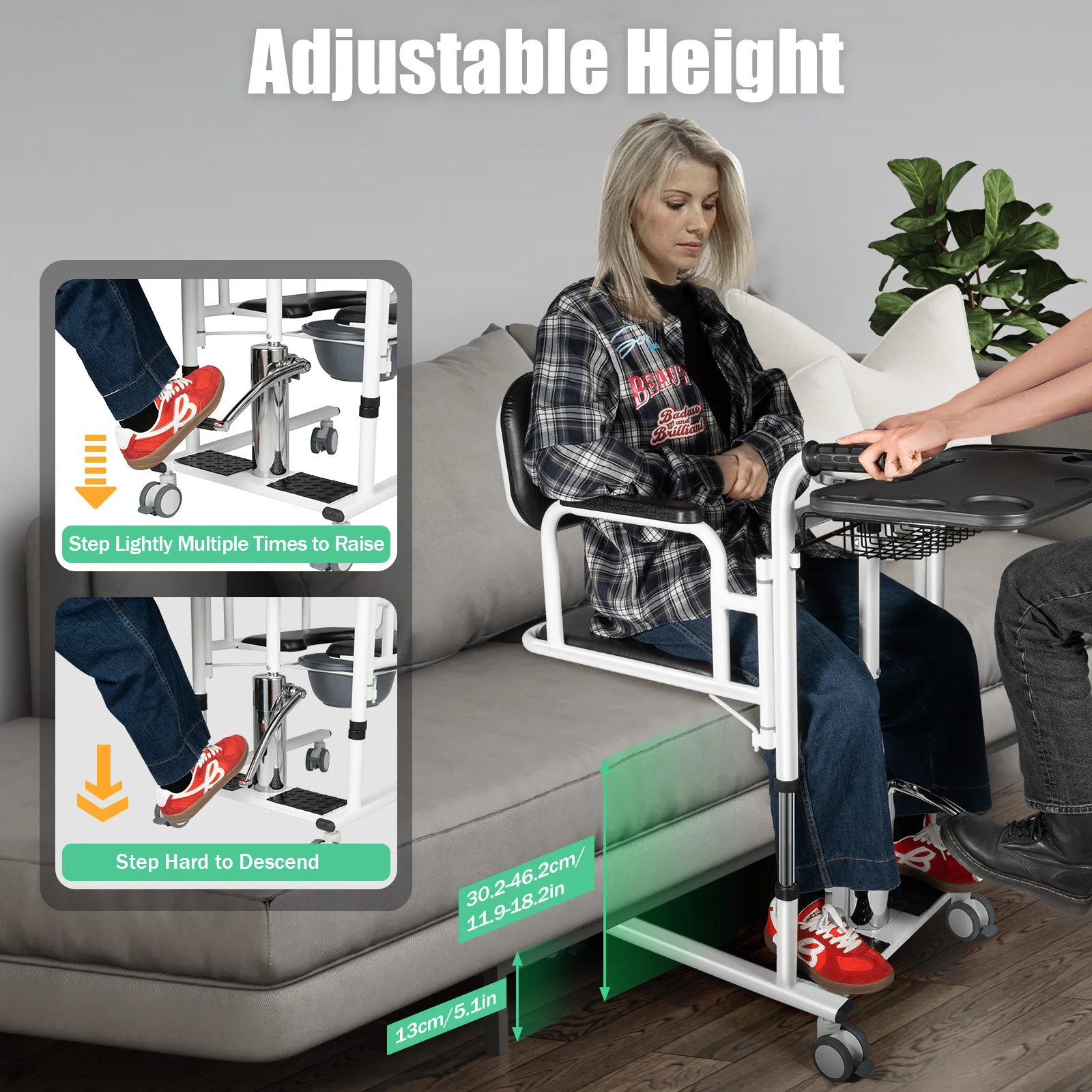 Hydraulic Patient Lift Transfer Chair, 330.7Lbs Nursing Wheelchair for Car, Aid Elderly 180° Split Seat Bathroom Bedside Commode 6