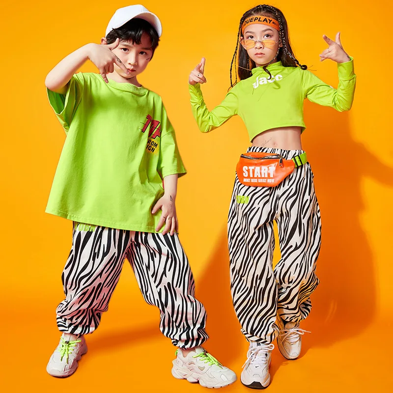 

For 10 12 14 16 Y Boys Girls Ballroom Outfits Hip Hop Clothing Green Crop Tops Running Zebra Pants for Girls Jazz Dance Costumes