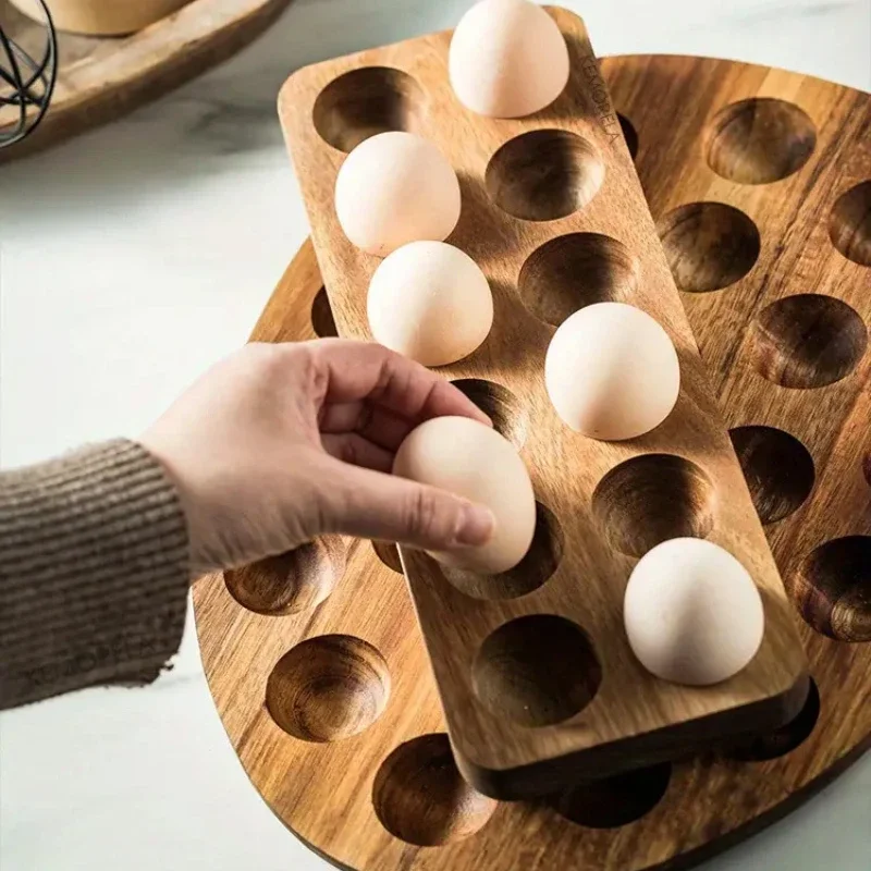Wooden Egg Tray with Acacia Wood, Japanese Style Egg Storage Container for Fridge and Kitchen Eggs Slot Holder 3