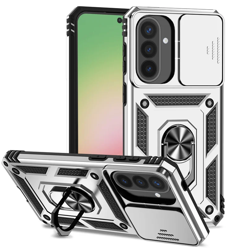 Slide Lens Camera Armor Phone Case with Car Magnetic Ring Holder and Back Cover