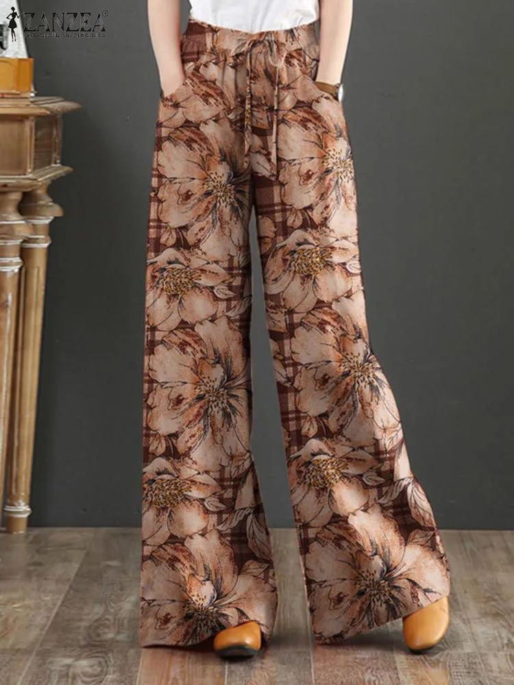 ZANZEA Bohemian Floral Printed Pants Autumn Fashion Wide Leg Pant Woman Casual Cotton Long Trousers Vintage Elastic Palazzo 2023