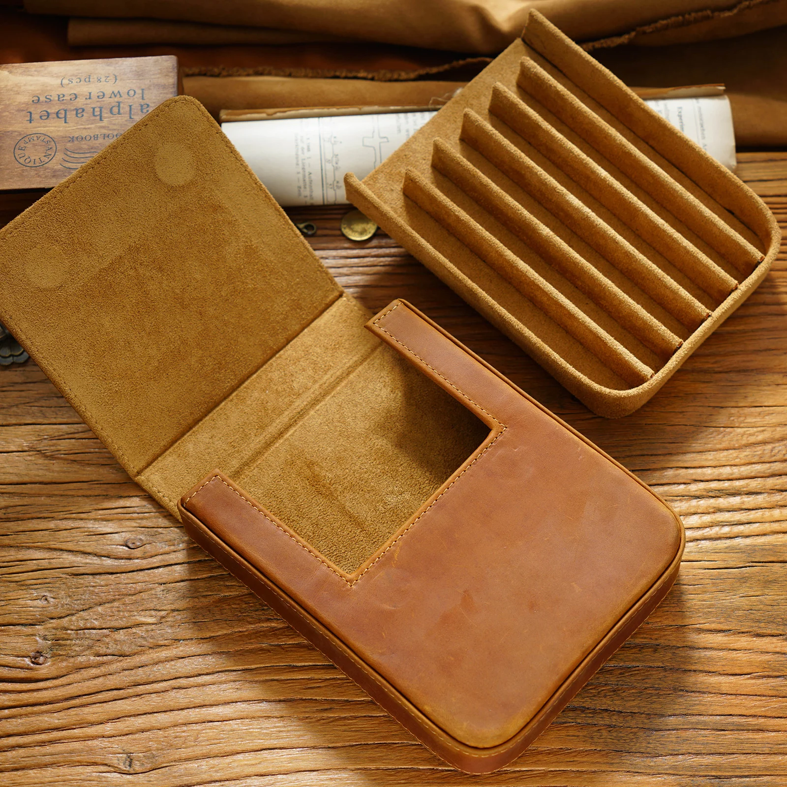 Vintage Genuine Leather Pen Pouch Case with 6 Slots Removable Pen Tray Holder Retro Pen Bags High-end School Office Supplies 4